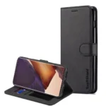 Note 10 Plus Wallet Case – Black Leather Flip Stand