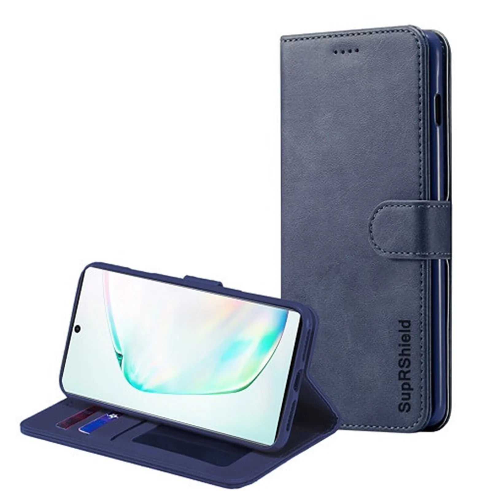 Blue-1-1 Note 10 Wallet Case – Navy Blue Leather Flip Stand - Image 1