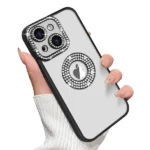Apple iPhone 15 MagSafe Magnetic Diamond Rhinestone Glitter Crystal Bling Case with Camera Lens Protector – Black