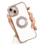 Apple iPhone 15 MagSafe Magnetic Diamond Rhinestone Glitter Crystal Bling Case with Camera Lens Protector – Rose Gold