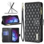 Samsung Galaxy S23 Diamond Quilted Leather Zipper Wallet Flip Case – Black Protective Cover - Image 3