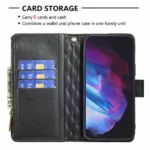 Samsung Galaxy S23 Diamond Quilted Leather Zipper Wallet Flip Case – Black Protective Cover - Image 4
