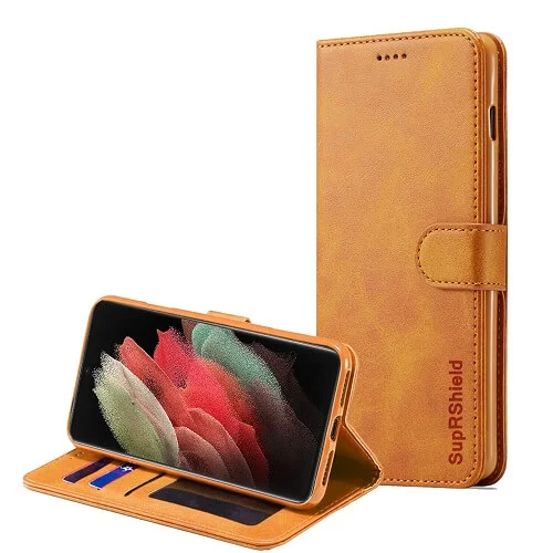 Samsung-Galaxy-S21-Ultra-SupRShield-Wallet-Leather-Card-Holder-Flip-Protective-Shockproof-Magnetic-Case-Cover-Brown-3 Samsung Galaxy S22 Ultra Leather Wallet Case – Brown - Image 1