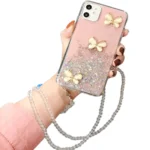iPhone 11 Pink Glitter Butterfly Wrist Strap Case