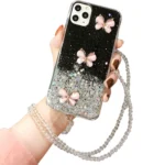 iPhone 12 Pro Butterfly Glitter Wrist Strap Case – Black