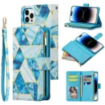 iPhone 14 Pro Blue Marble Wallet Case with Card Holder and Flip Cover