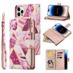 iPhone 14 Pro Purple Marble Wallet Case with Card Holder Flip Cover - Image 3