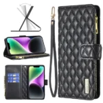 iPhone 14 Black Diamond Quilted Leather Zipper Wallet Flip Case
