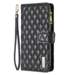 iPhone 14 Black Diamond Quilted Leather Zipper Wallet Flip Case - Image 3