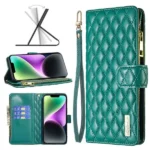 iPhone 14 Green Diamond Quilted Leather Zipper Wallet Flip Case - Image 2