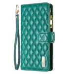 iPhone 14 Green Diamond Quilted Leather Zipper Wallet Flip Case - Image 3