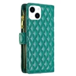 iPhone 14 Green Diamond Quilted Leather Zipper Wallet Flip Case - Image 4