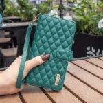 iPhone 14 Green Diamond Quilted Leather Zipper Wallet Flip Case - Image 6