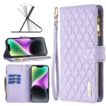 iPhone 14 Purple Diamond Quilted Leather Zipper Wallet Case - Image 2