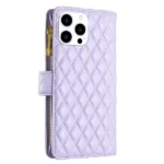 iPhone 14 Purple Diamond Quilted Leather Zipper Wallet Case - Image 4