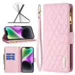 iPhone 14 Rose Gold Diamond Quilted Leather Zipper Wallet Case - Image 2