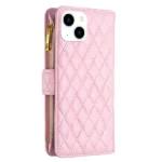 iPhone 14 Rose Gold Diamond Quilted Leather Zipper Wallet Case - Image 3