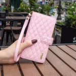 iPhone 14 Rose Gold Diamond Quilted Leather Zipper Wallet Case - Image 5