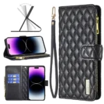 iPhone 14 Pro Max Black Diamond Quilted Leather Zipper Wallet Case - Image 2