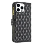 iPhone 14 Pro Max Black Diamond Quilted Leather Zipper Wallet Case - Image 4