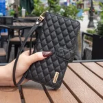 iPhone 14 Pro Max Black Diamond Quilted Leather Zipper Wallet Case - Image 5
