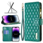 iPhone 14 Pro Max Green Diamond Quilted Leather Zipper Wallet Case