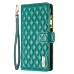 iPhone 14 Pro Max Green Diamond Quilted Leather Zipper Wallet Case - Image 3