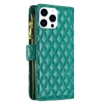 iPhone 14 Pro Max Green Diamond Quilted Leather Zipper Wallet Case - Image 4