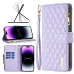 iPhone 14 Pro Max Purple Diamond Quilted Leather Zipper Wallet Case