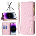 iPhone 14 Pro Max Rose Gold Diamond Quilted Leather Zipper Wallet Case - Image 2
