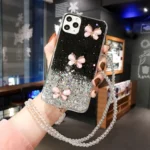 iPhone 11 Pro Black Glitter Butterfly Case with Wrist Strap - Image 4
