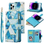 iPhone 14 Pro Max Blue Marble Wallet Case with Card Holder and Flip Cover