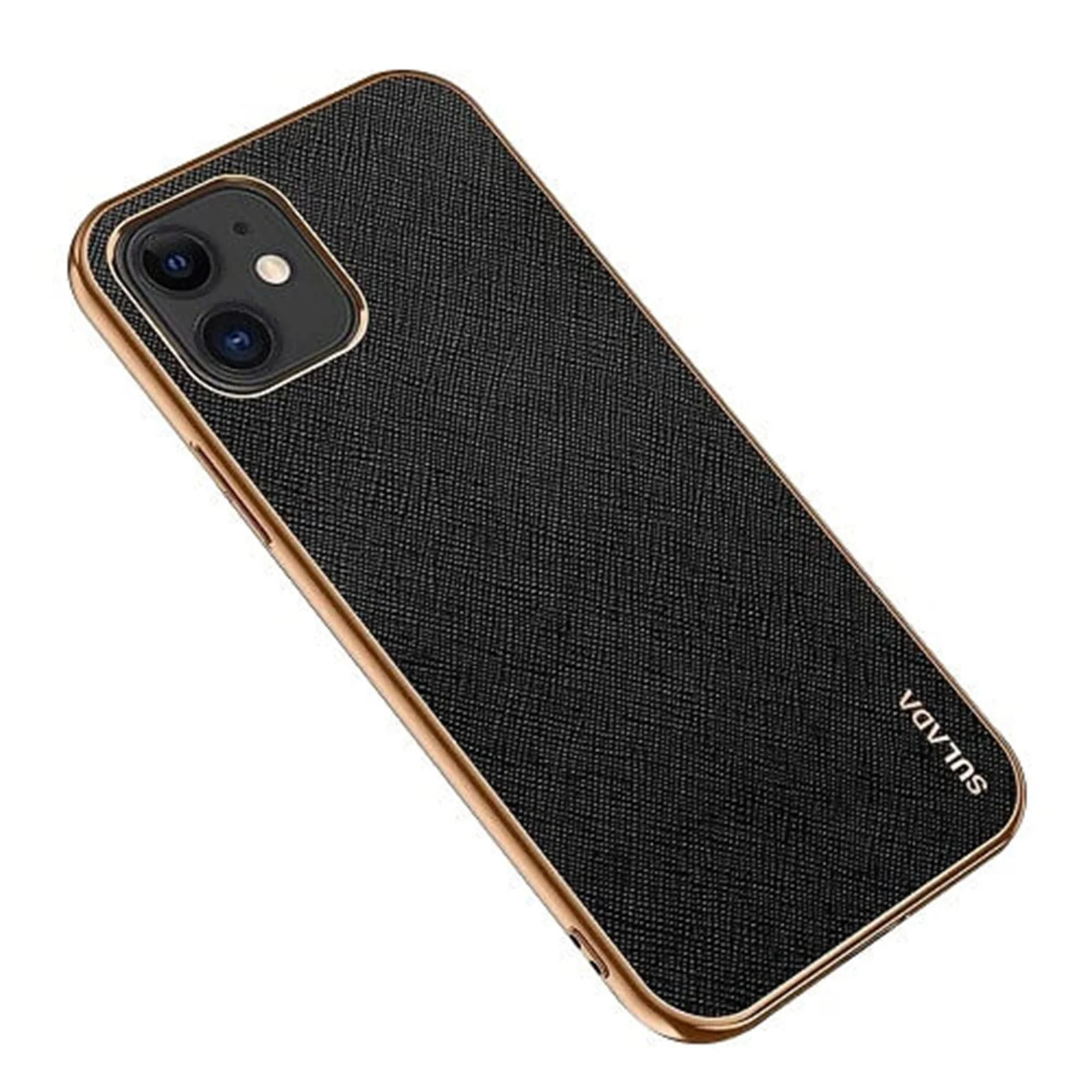 black iPhone 12 Luxury Leather Plating Case – Black - Image 1