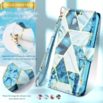iPhone 14 Plus Blue Marble Wallet Case with Card Holder and Flip Cover - Image 7